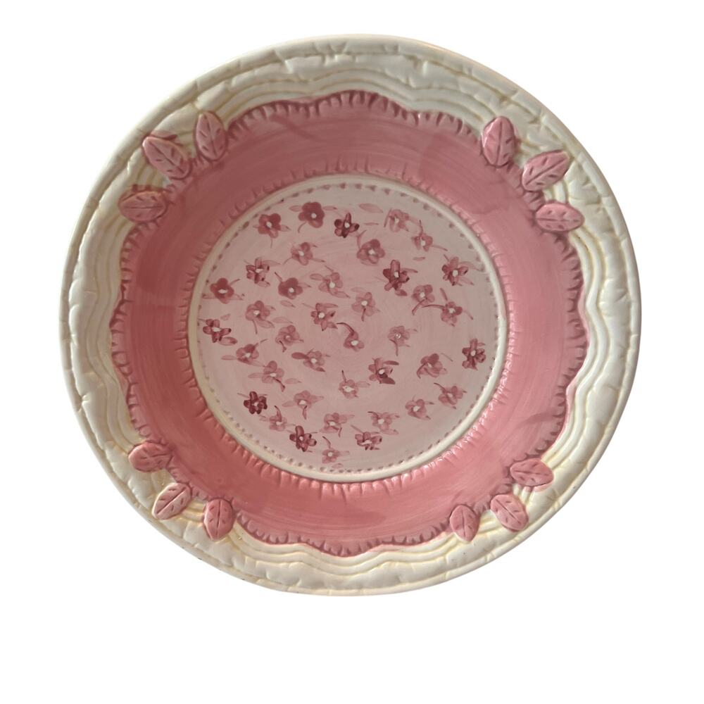 Yankee Candle Pink Floral Ceramic Candle Plate Tray Holder 8” Raised Leaf Border